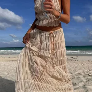 Lace Pleated Two-Piece Skirt Set for Women - Summer Beach Holiday Outfit