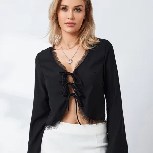 Lace Trim Tie Front Crop Top | Women's Long Sleeve Shirt