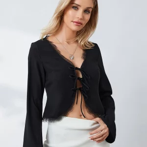 Lace Trim Tie Front Crop Top | Women's Long Sleeve Shirt