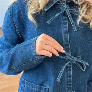 Lace Up Denim Jacket: Casual Loose Fit, Long Sleeve, Spring 2024 Fashion Coat