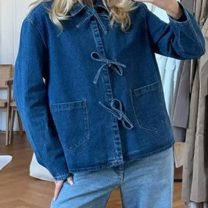 Lace Up Denim Jacket: Casual Loose Fit, Long Sleeve, Spring 2024 Fashion Coat