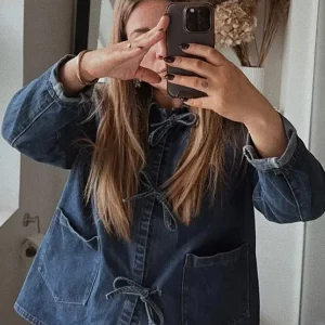 Lace Up Denim Jacket: Casual Loose Fit, Long Sleeve, Spring 2024 Fashion Coat