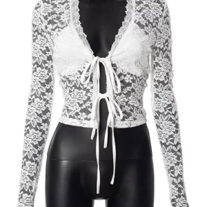 Lace-Up V-Neck Cardigan T-Shirt | Women's Sexy Slim Fit Crop Top