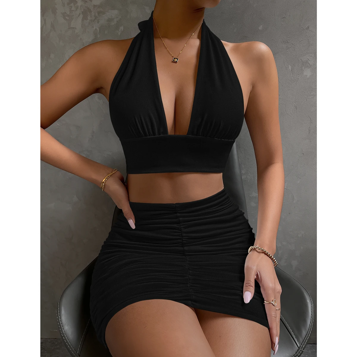 Lace Up V-Neck Hollow Out Two-Piece Set: Backless Sleeveless Bodycon Mini Dress for Women,