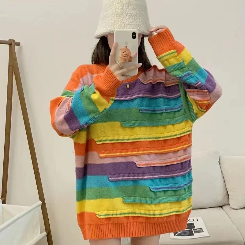 Lazy Rainbow Contrast Round Neck Stripe Sweater - Women's Soft Knit Pullover