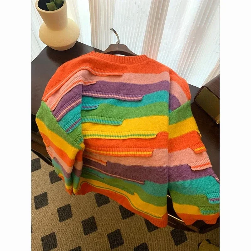 Lazy Rainbow Contrast Round Neck Stripe Sweater - Women's Soft Knit Pullover