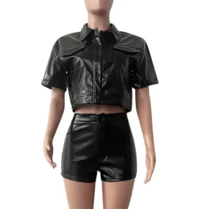 Leather 2-Piece Women's Hipster Set: Short Sleeve Button-Up Top & Tight Shorts - 2024 Street