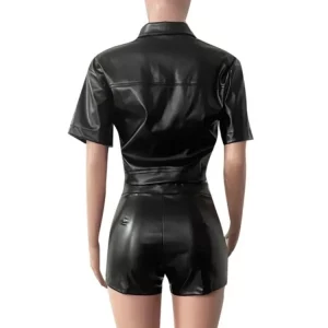 Leather 2-Piece Women's Hipster Set: Short Sleeve Button-Up Top & Tight Shorts - 2024 Street