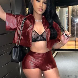 Leather 2-Piece Women's Hipster Set: Short Sleeve Button-Up Top & Tight Shorts - 2024 Street