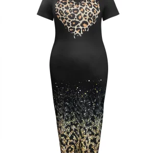 Leopard Heart Print Bodycon Maxi Dress for Plus Size Women