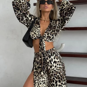 Leopard Print 2-Piece Women's Outfit: Sexy Lace-Up Crop Top & Slit Pants