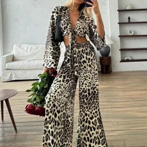 Leopard Print 2-Piece Women's Outfit: Sexy Lace-Up Crop Top & Slit Pants