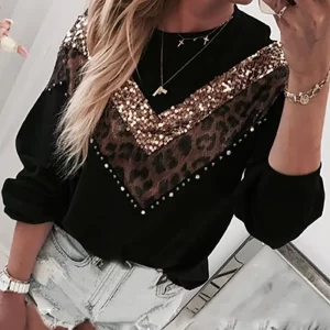 Leopard Print Colorblock Top with Sequin Detail