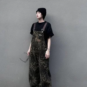 Leopard Print Denim Suspenders: Women's Wide Leg Pants