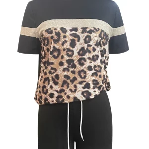 Leopard Print Drawstring Shorts Set with Short Sleeve T-Shirt & Shorts