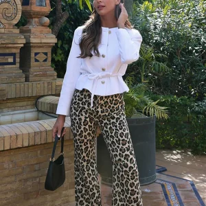 Leopard Print High Waist Flared Trousers for Women