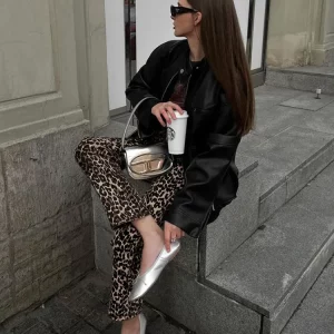 Leopard Print High Waist Straight Leg Denim Pants - Retro Style 2024 Fashion for Women