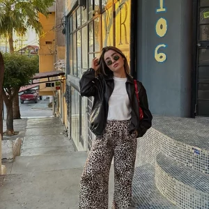 Leopard Print High Waist Wide Leg Women's Pants - Vintage Style Casual Trousers for Spring 2024