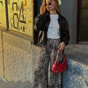 Leopard Print High Waist Wide Leg Women's Pants - Vintage Style Casual Trousers for Spring 2024