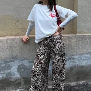 Leopard Print High Waist Wide Leg Women's Pants - Vintage Style Casual Trousers for Spring 2024