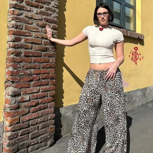 Leopard Print High Waist Wide Leg Women's Pants - Vintage Style Casual Trousers for Spring 2024