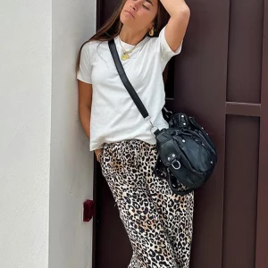 Leopard Print High Waist Wide Leg Women's Pants - Vintage Style Casual Trousers for Spring 2024