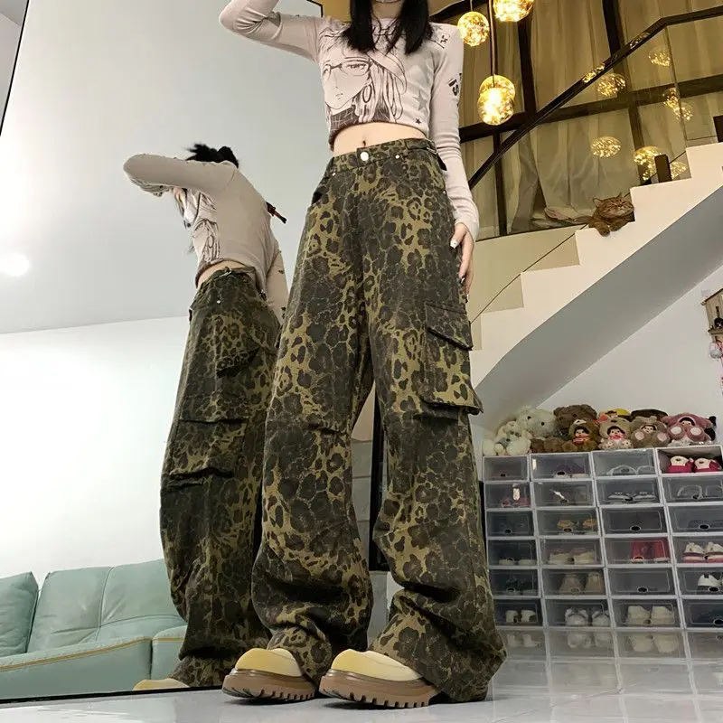 Leopard Print High-waisted Cargo Pants for Women