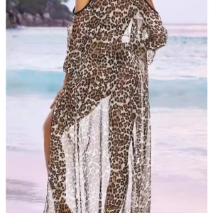 Leopard Print Lace-Up Chiffon Shirt with Suspender - Women's Sunscreen Beachwear