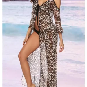 Leopard Print Lace-Up Chiffon Shirt with Suspender - Women's Sunscreen Beachwear