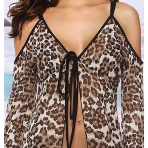 Leopard Print Lace-Up Chiffon Shirt with Suspender - Women's Sunscreen Beachwear