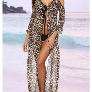 Leopard Print Lace-Up Chiffon Shirt with Suspender - Women's Sunscreen Beachwear