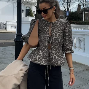 Leopard Print Lace-Up Shirt with Ruffles, Short Puff Sleeves - Women's Summer Office Top