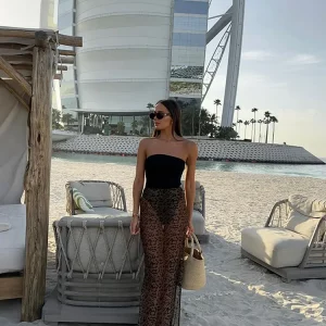 Leopard Print Mesh Maxi Skirt - Women's Sexy Split Long Skirt