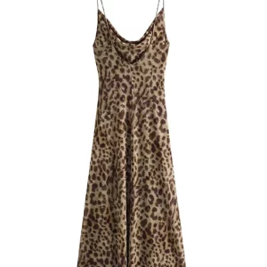 Leopard Print Sleeveless Dress - Stylish Backless Design, Hip-Hugging Fit, Long Length