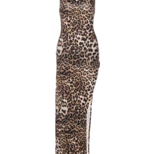 Leopard Print Sleeveless Dress - Women's Backless Split Vestidos - Elegant Street Fashion