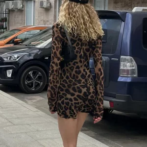 Leopard Print Slim Fit Mini Dress with Long Sleeve - Vintage Style for Women