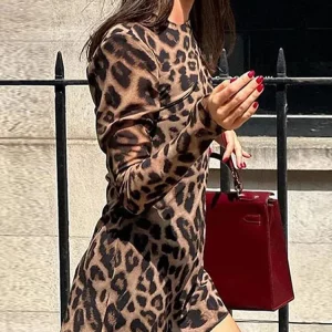 Leopard Print Slim Fit Mini Dress with Long Sleeve - Vintage Style for Women