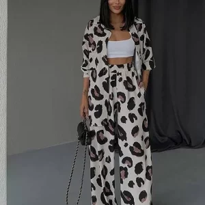 Leopard Print Suit Women 2024 Spring Fashion | Turn-down Collar Shirt & Slim Pants Set