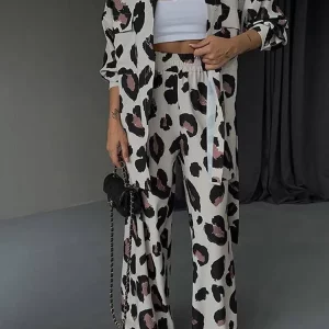 Leopard Print Suit Women 2024 Spring Fashion | Turn-down Collar Shirt & Slim Pants Set