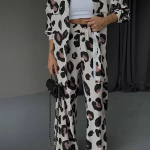 Leopard Print Suit Women 2024 Spring Fashion | Turn-down Collar Shirt & Slim Pants Set