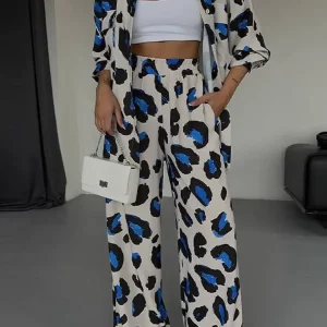 Leopard Print Suit Women 2024 Spring Fashion | Turn-down Collar Shirt & Slim Pants Set