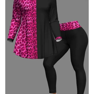 Leopard Print Two-piece Set: Crew Neck Top & Slim Pant - Women's Plus Size Outfit