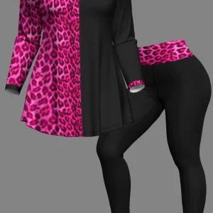 Leopard Print Two-piece Set: Crew Neck Top & Slim Pant - Women's Plus Size Outfit