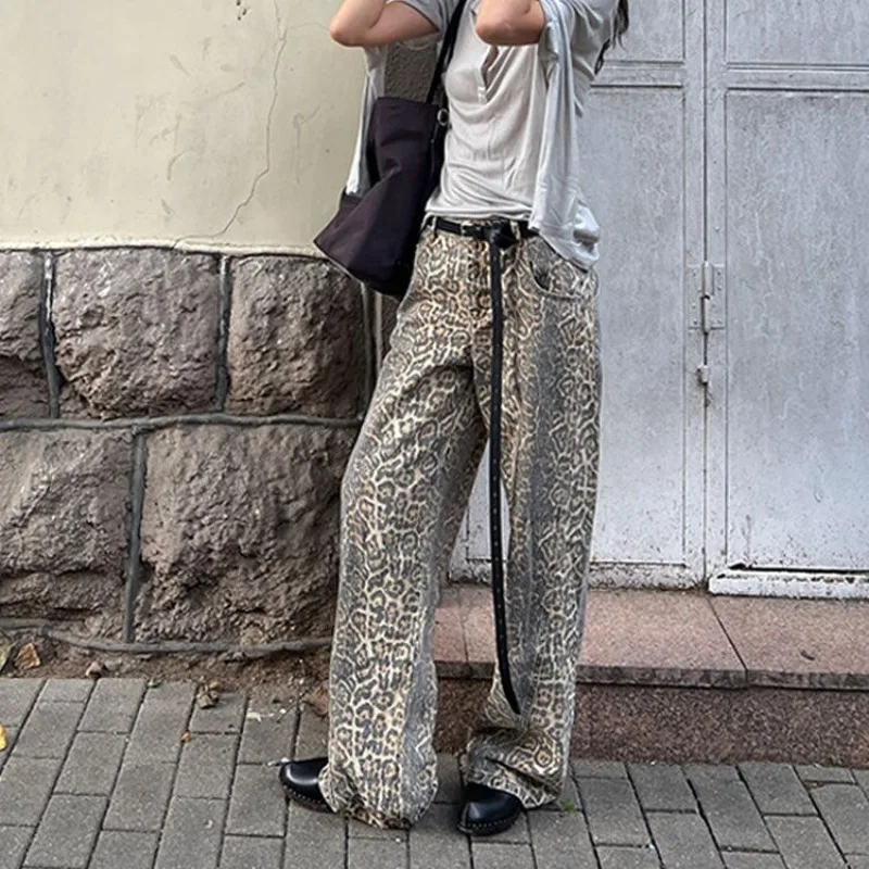 Leopard Print Unisex Retro Jeans | High-Waisted Wide Leg Pants