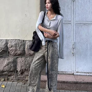 Leopard Print Unisex Retro Jeans | High-Waisted Wide Leg Pants