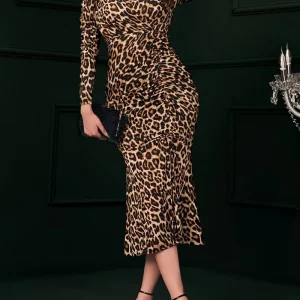 Leopard Print V-Neck Knee-Length Dress for Women