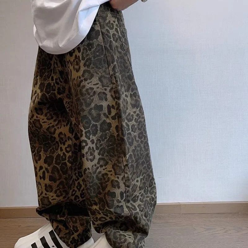 Leopard Print Wide Leg Denim Jeans for Men - Streetwear Hip Hop Vintage Fashion