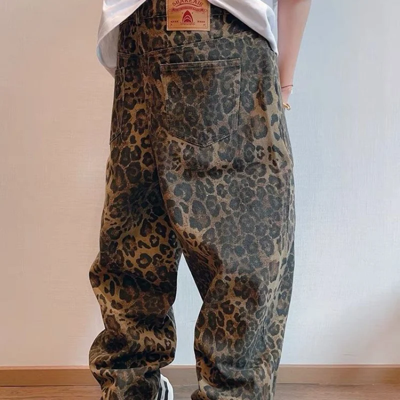 Leopard Print Wide Leg Denim Jeans for Men - Streetwear Hip Hop Vintage Fashion