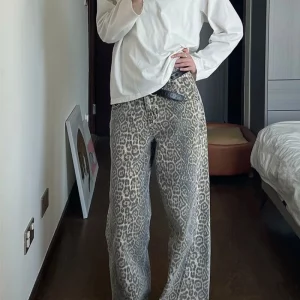 Leopard Print Wide Leg Jeans for Women | Retro Street Style Hottie Baggy Pants