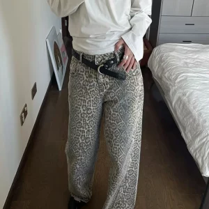 Leopard Print Wide Leg Jeans for Women | Retro Street Style Hottie Baggy Pants